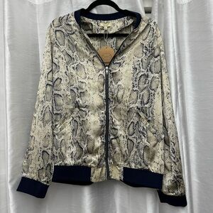 Kori America Snakeskin Full Zip Bomber Jacket Size Large Navy Lined Reptile NWT